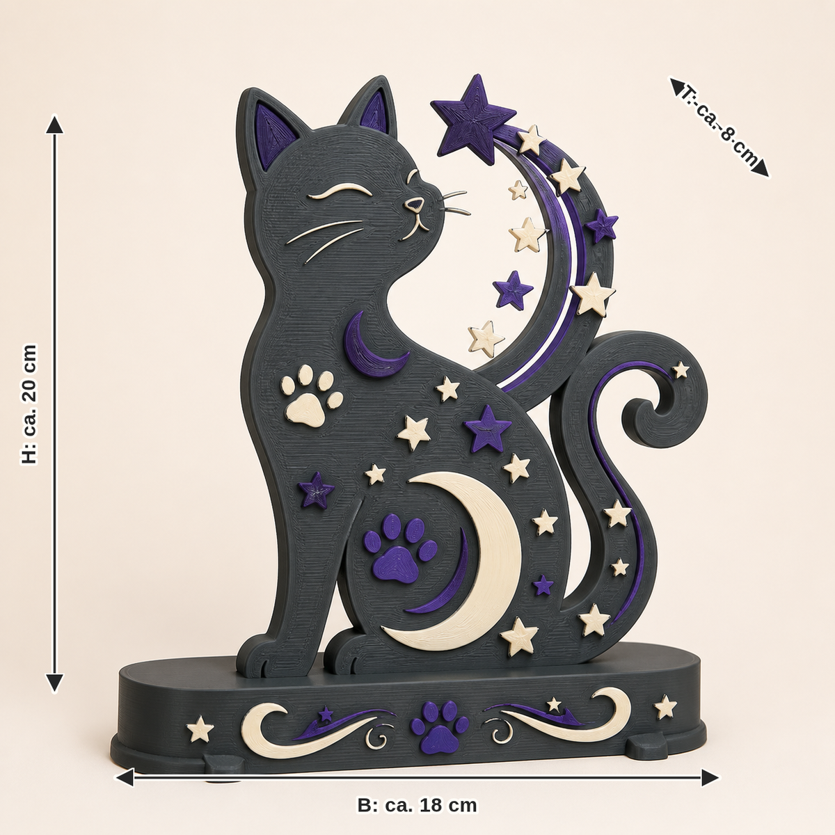 Maßbild für Magische Katze-Tischaufsteller Sternenkatze: Breite ca. 18 cm, Tiefe ca. 8 cm, Höhe ca. 20 cm