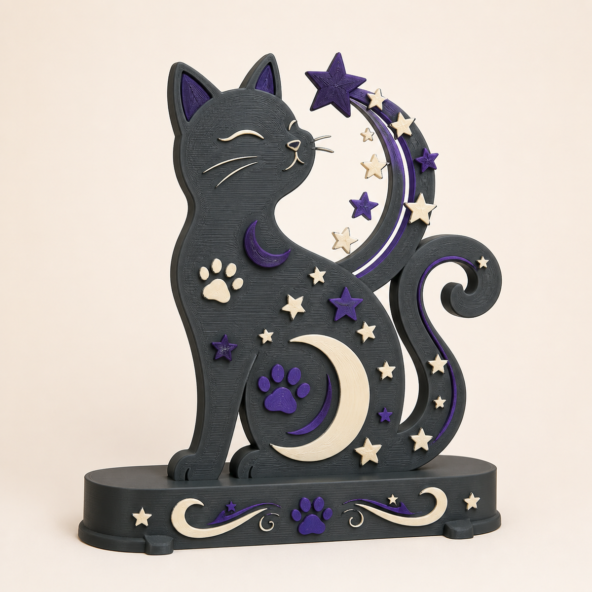 Magische Katze-Tischaufsteller Sternenkatze aus 3D-gedrucktem PETG in Anthrazit, Dunkelviolett, Knochenweiß