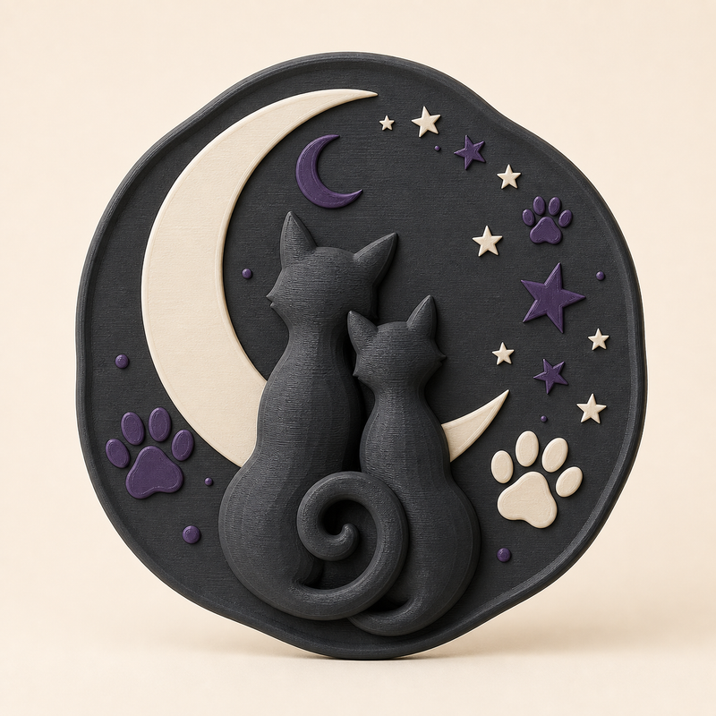 Magische Katze-Wandrelief Katzenmond aus 3D-gedrucktem PETG in Anthrazit, Dunkelviolett, Knochenweiß