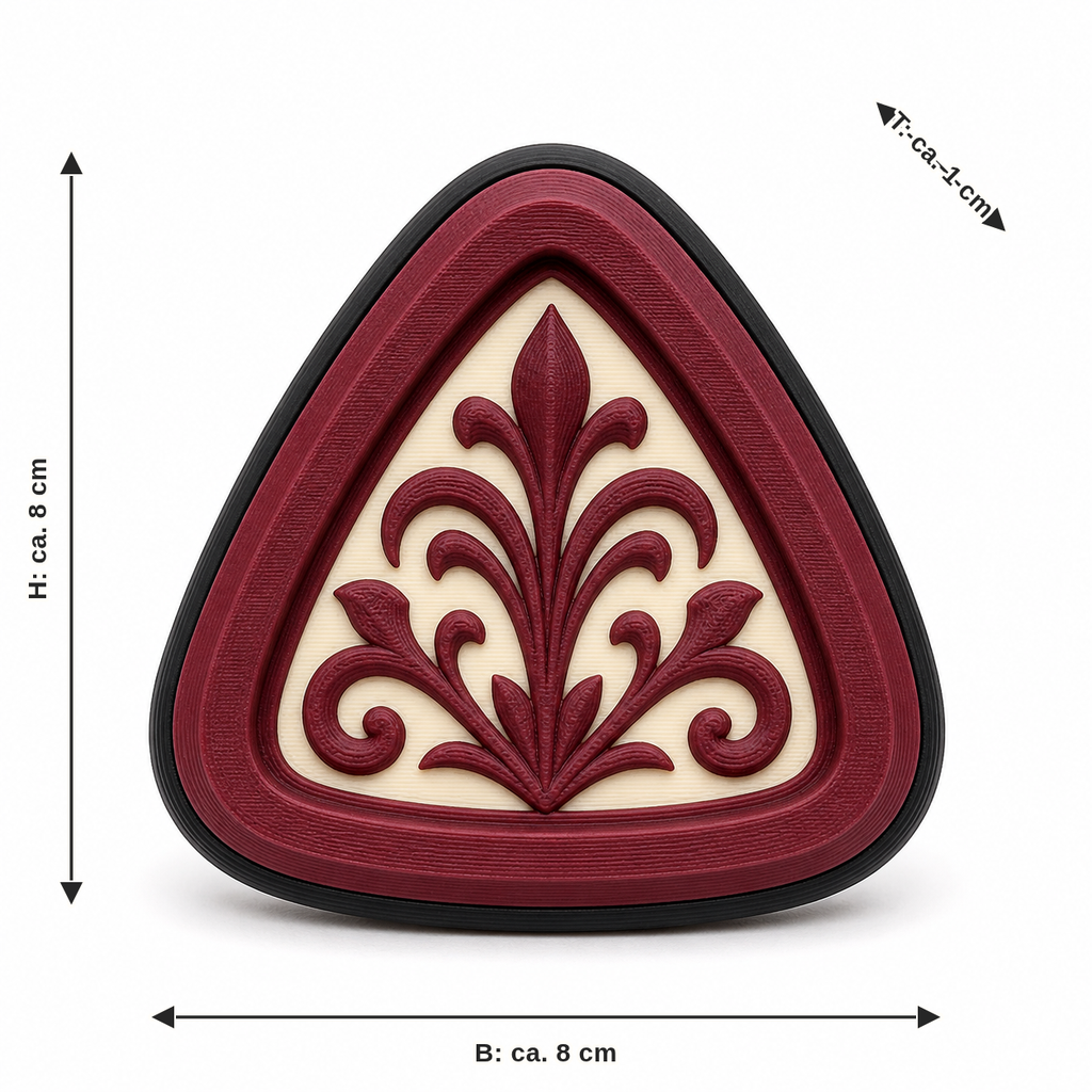 Maßbild für Magnet Bordeauxornament: Breite ca. 8 cm, Tiefe ca. 1 cm, Höhe ca. 8 cm
