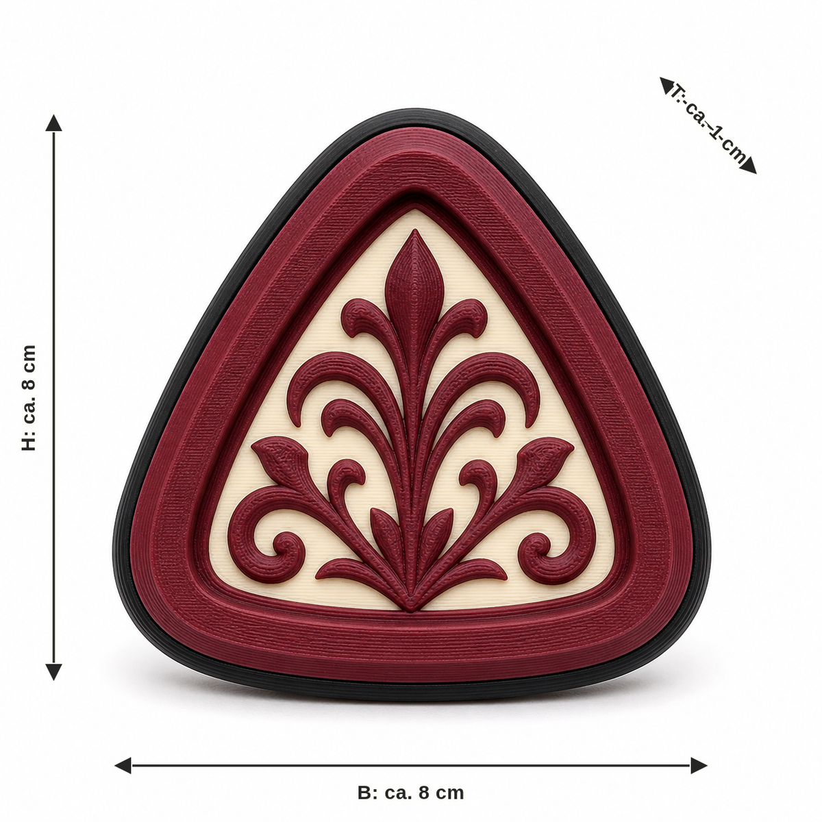 Maßbild für Magnet Bordeauxornament: Breite ca. 8 cm, Tiefe ca. 1 cm, Höhe ca. 8 cm