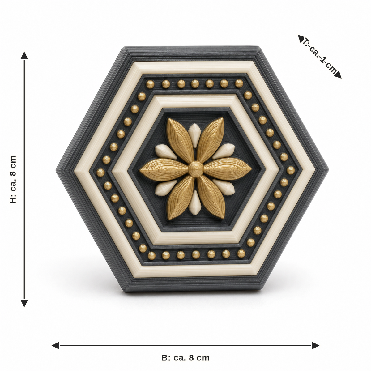 Maßbild für Magnet Goldblüte: Breite ca. 8 cm, Tiefe ca. 1 cm, Höhe ca. 8 cm