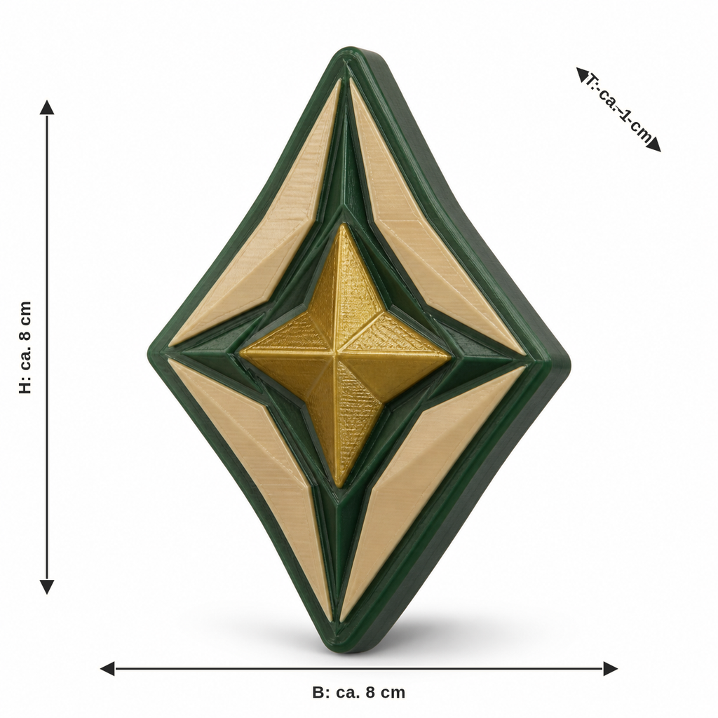 Maßbild für Magnet Smaragdstern: Breite ca. 8 cm, Tiefe ca. 1 cm, Höhe ca. 8 cm