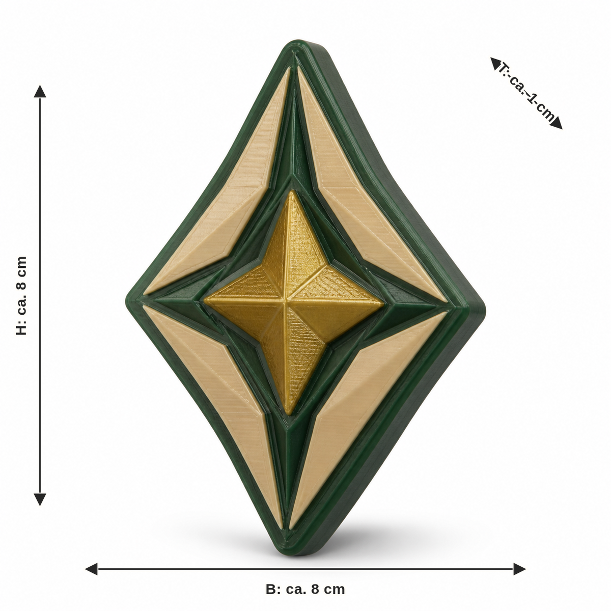 Maßbild für Magnet Smaragdstern: Breite ca. 8 cm, Tiefe ca. 1 cm, Höhe ca. 8 cm