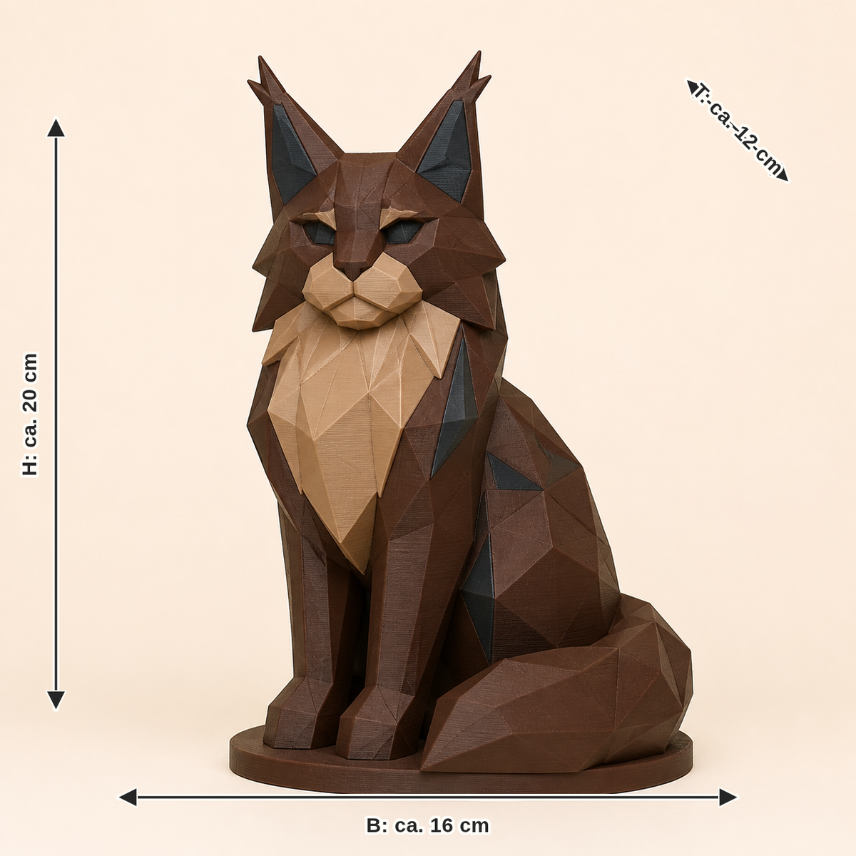 Maßbild für Maine Coon-Low-Poly-Skulptur Facettenfigur: Breite ca. 16 cm, Tiefe ca. 12 cm, Höhe ca. 20 cm