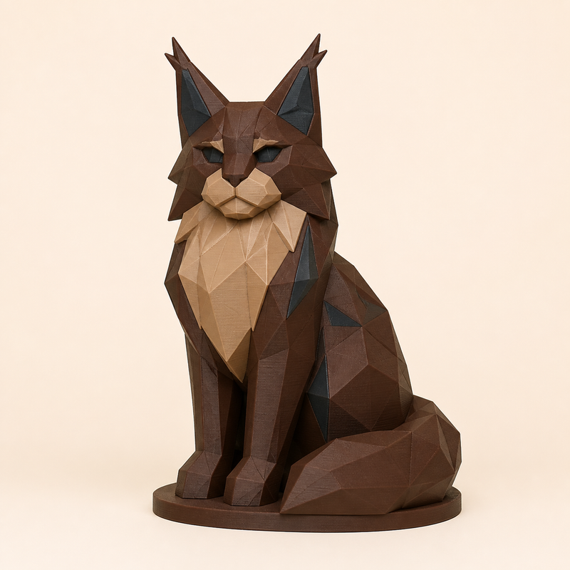 Maine Coon-Low-Poly-Skulptur Facettenfigur aus 3D-gedrucktem PETG in Kastanienbraun, Sandbeige, Anthrazit
