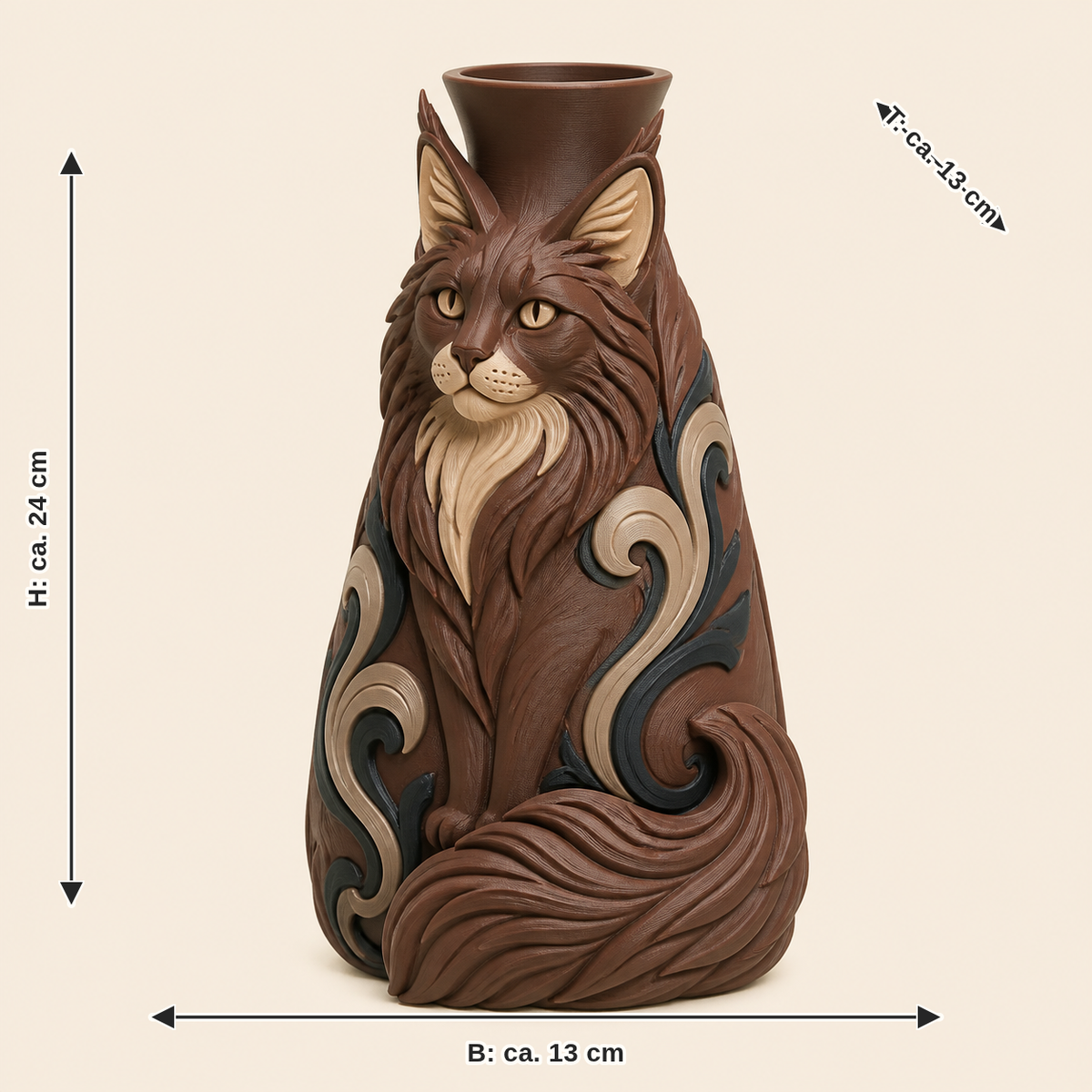 Maßbild für Maine Coon-Trockenblumen-Vase Silhouettenvase: Breite ca. 13 cm, Tiefe ca. 13 cm, Höhe ca. 24 cm