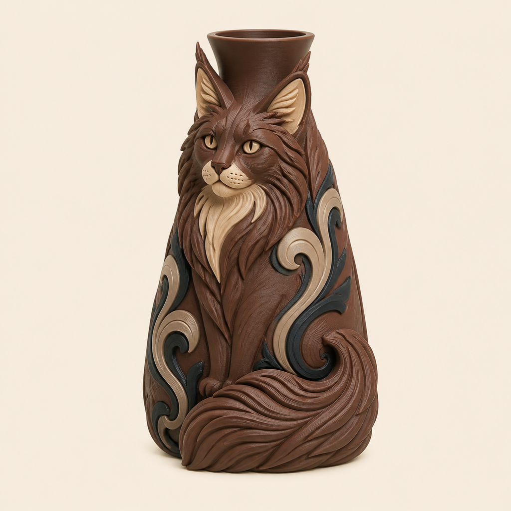 Maine Coon-Trockenblumen-Vase Silhouettenvase aus 3D-gedrucktem PETG in Kastanienbraun, Sandbeige, Anthrazit