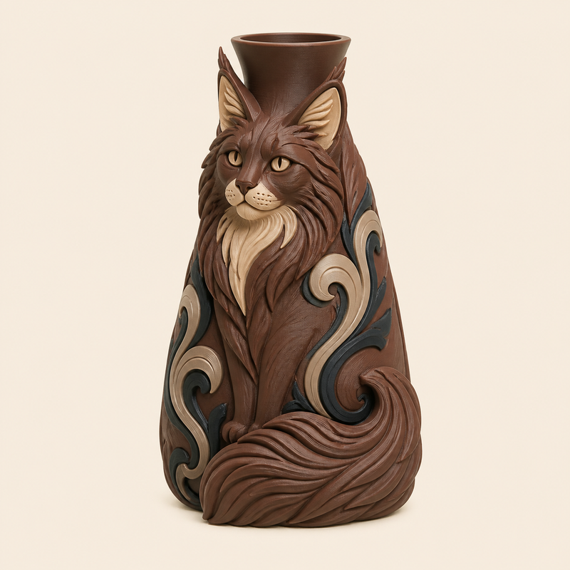 Maine Coon-Trockenblumen-Vase Silhouettenvase aus 3D-gedrucktem PETG in Kastanienbraun, Sandbeige, Anthrazit