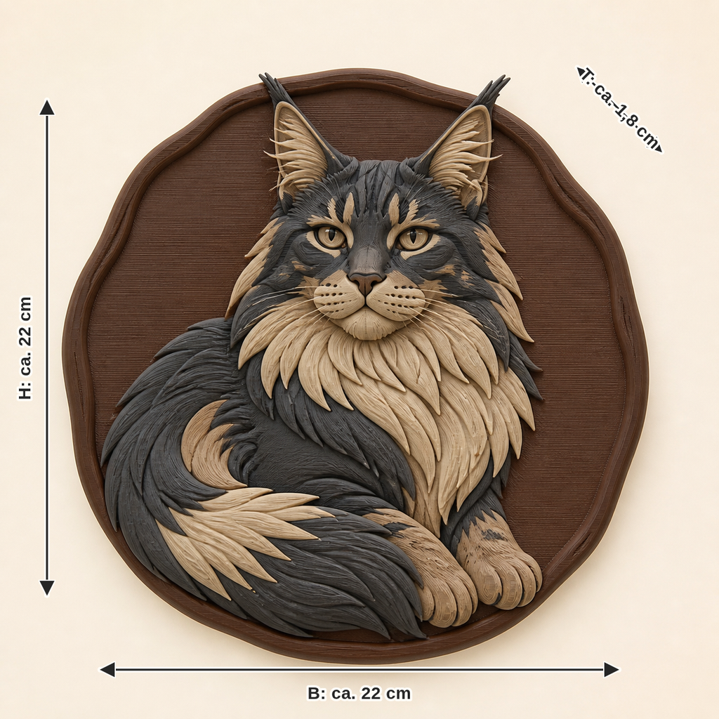 Maßbild für Maine Coon-Wandrelief Tierporträt: Breite ca. 22 cm, Tiefe ca. 1.8 cm, Höhe ca. 22 cm
