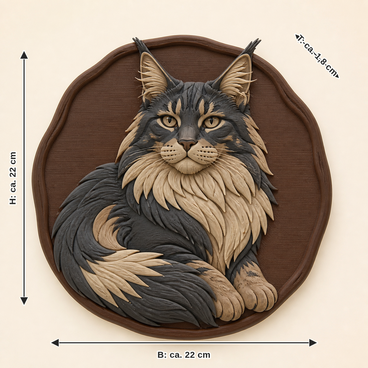 Maßbild für Maine Coon-Wandrelief Tierporträt: Breite ca. 22 cm, Tiefe ca. 1.8 cm, Höhe ca. 22 cm