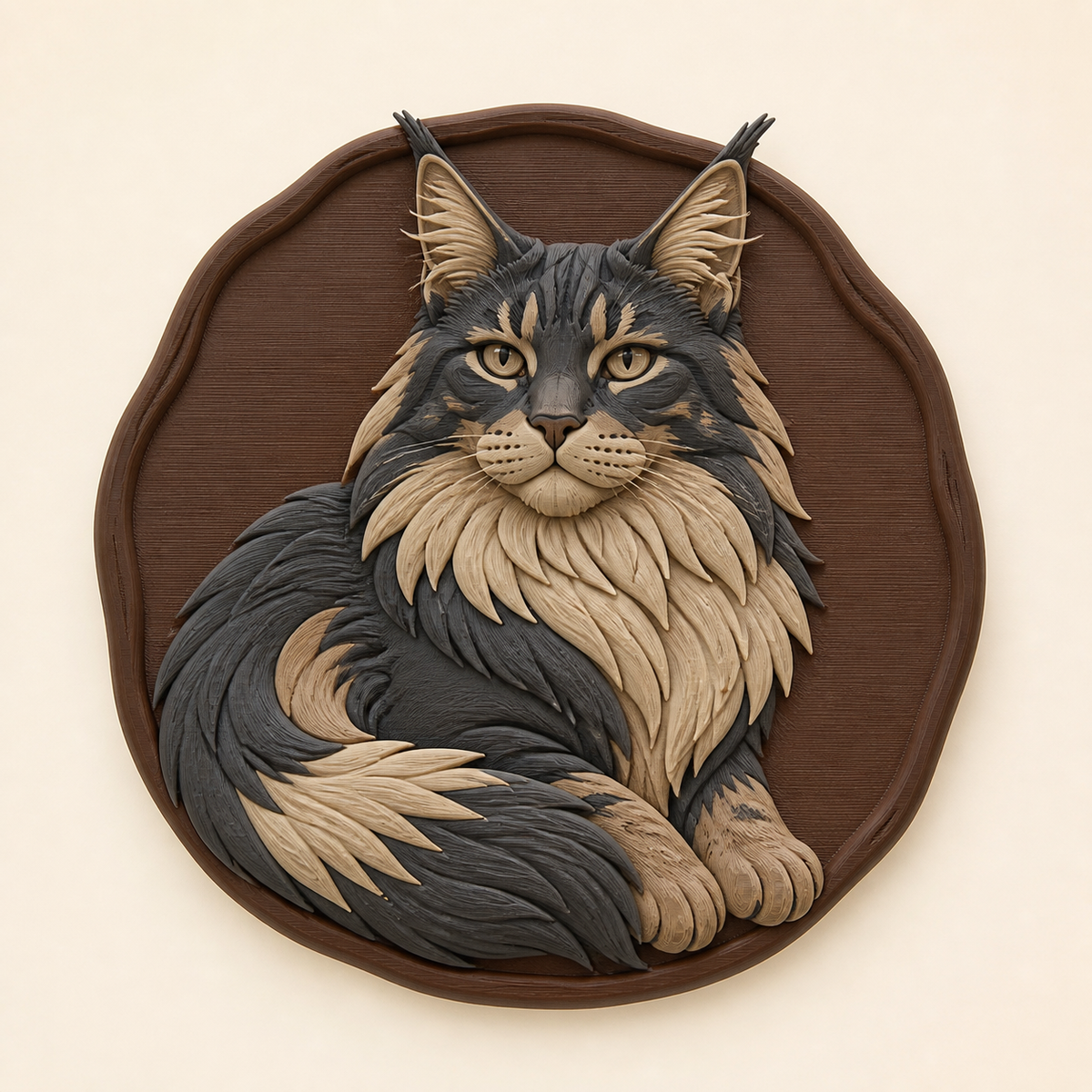 Maine Coon-Wandrelief Tierporträt aus 3D-gedrucktem PETG in Kastanienbraun, Sandbeige, Anthrazit