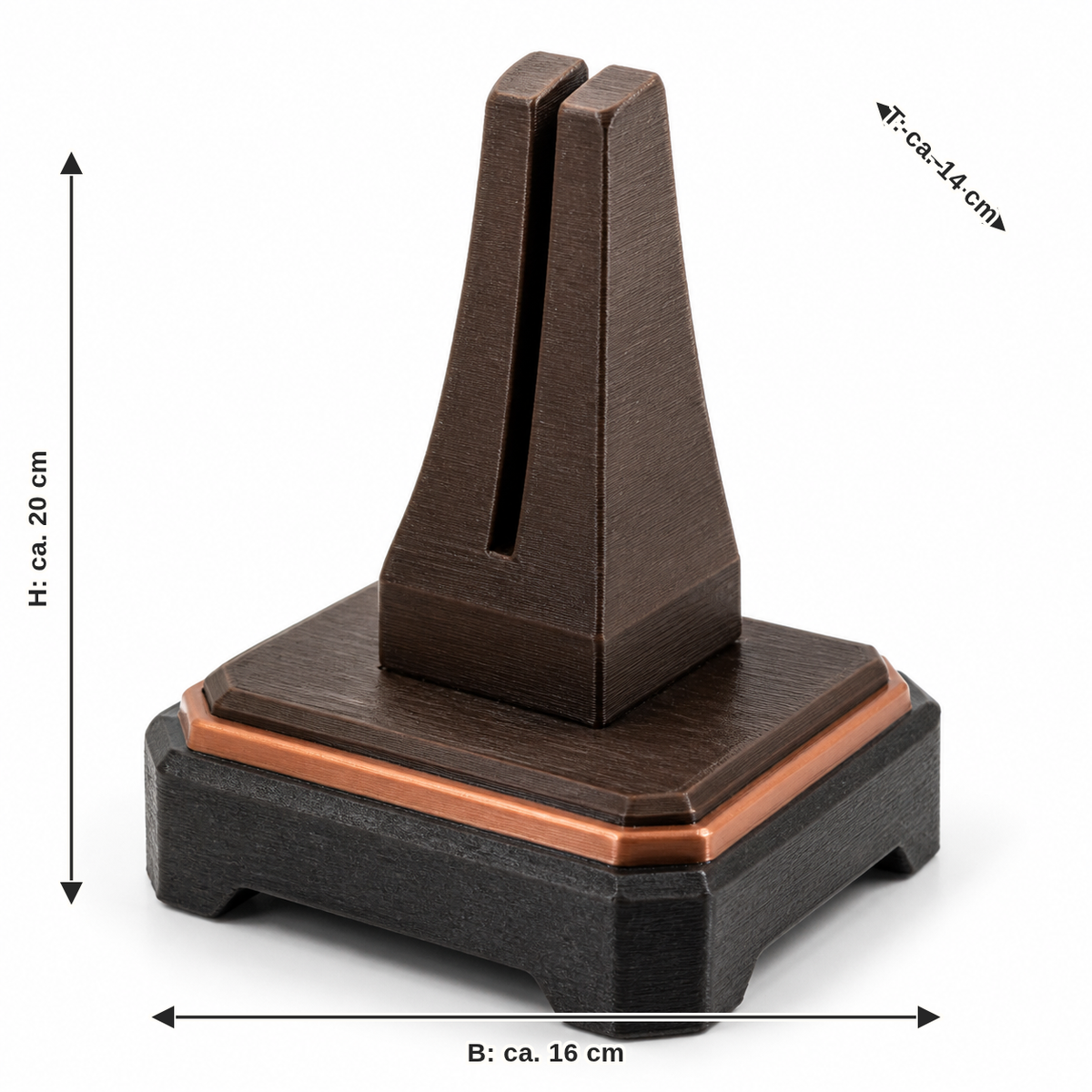 Maßbild für Massiver Präsentationsständer in dunkler Holzoptik: Breite ca. 16 cm, Tiefe ca. 14 cm, Höhe ca. 20 cm