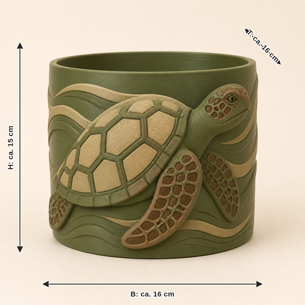 Maßbild für Meeresschildkröte-Pflanzübertopf Naturtopf: Breite ca. 16 cm, Tiefe ca. 16 cm, Höhe ca. 15 cm