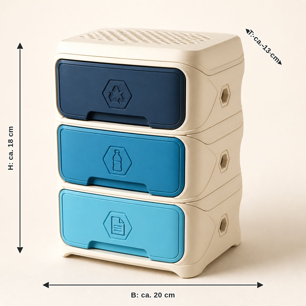 Measurement image for mini sorting box Trio – Futuristic: width approx. 20 cm, depth approx. 13 cm, height approx. 18 cm