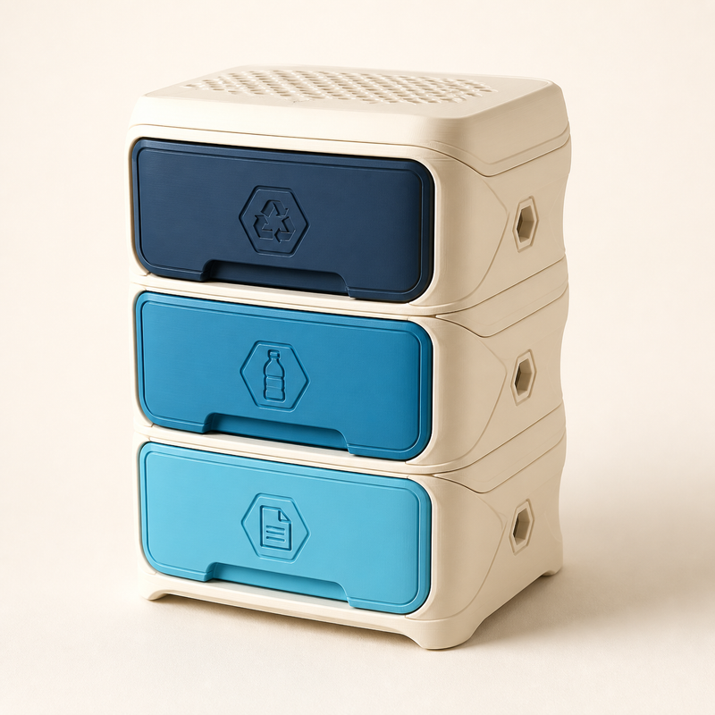 Mini sorting box Trio – Futuristic from PETG on bright studio background
