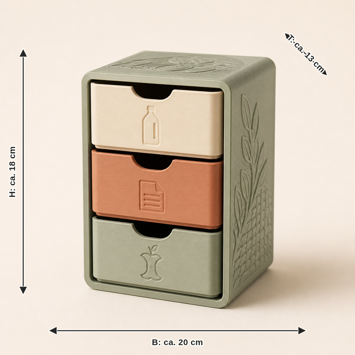 Dimensional image for mini sorting box Trio – Country: width approx. 20 cm, depth approx. 13 cm, height approx. 18 cm