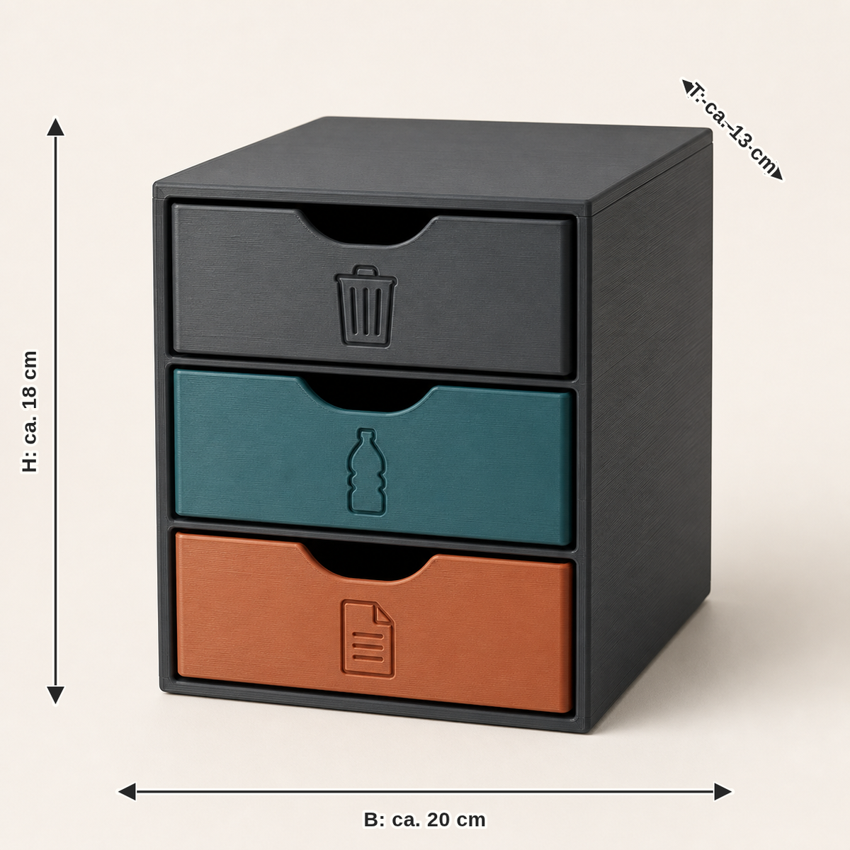 Dimensional image for mini sorting box Trio – Modern: width approx. 20 cm, depth approx. 13 cm, height approx. 18 cm
