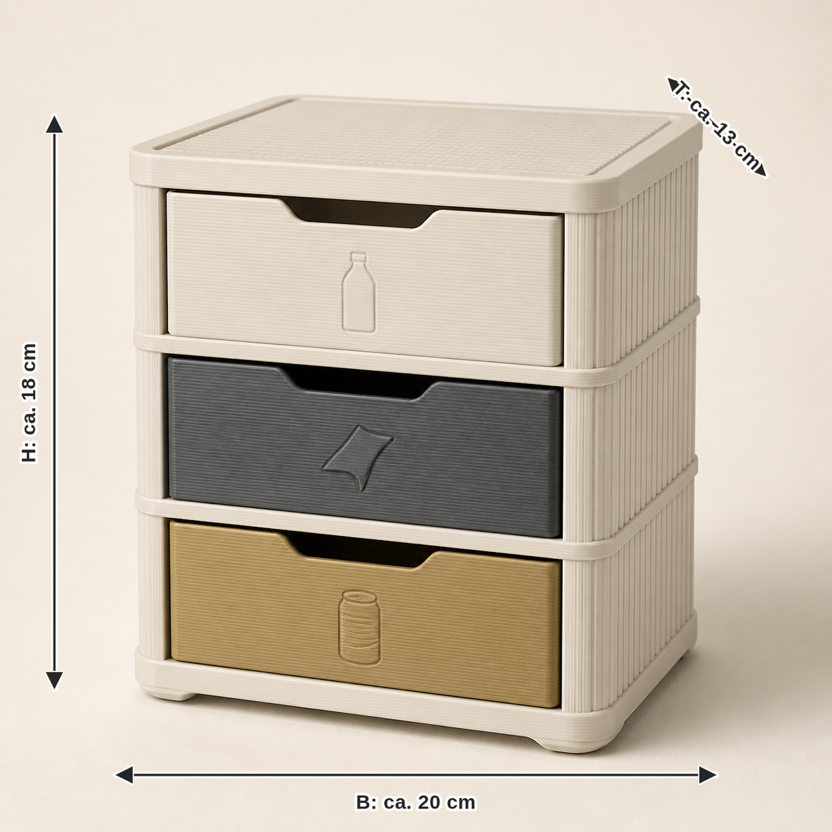 Measurement for mini sorting box Trio – Timeless: width approx. 20 cm, depth approx. 13 cm, height approx. 18 cm