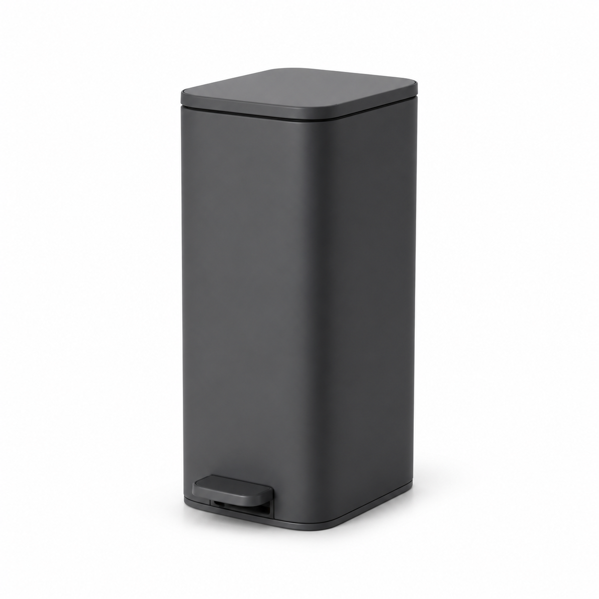 High narrow pedal bucket in graphite grey with rounded edges, flat lid and low foot pedal on white background.