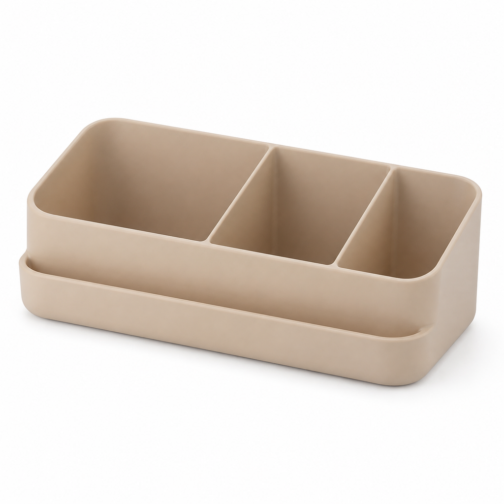 Beiger bathroom organiser with three open compartments of different widths, flat front shelf and rounded corners on white background.