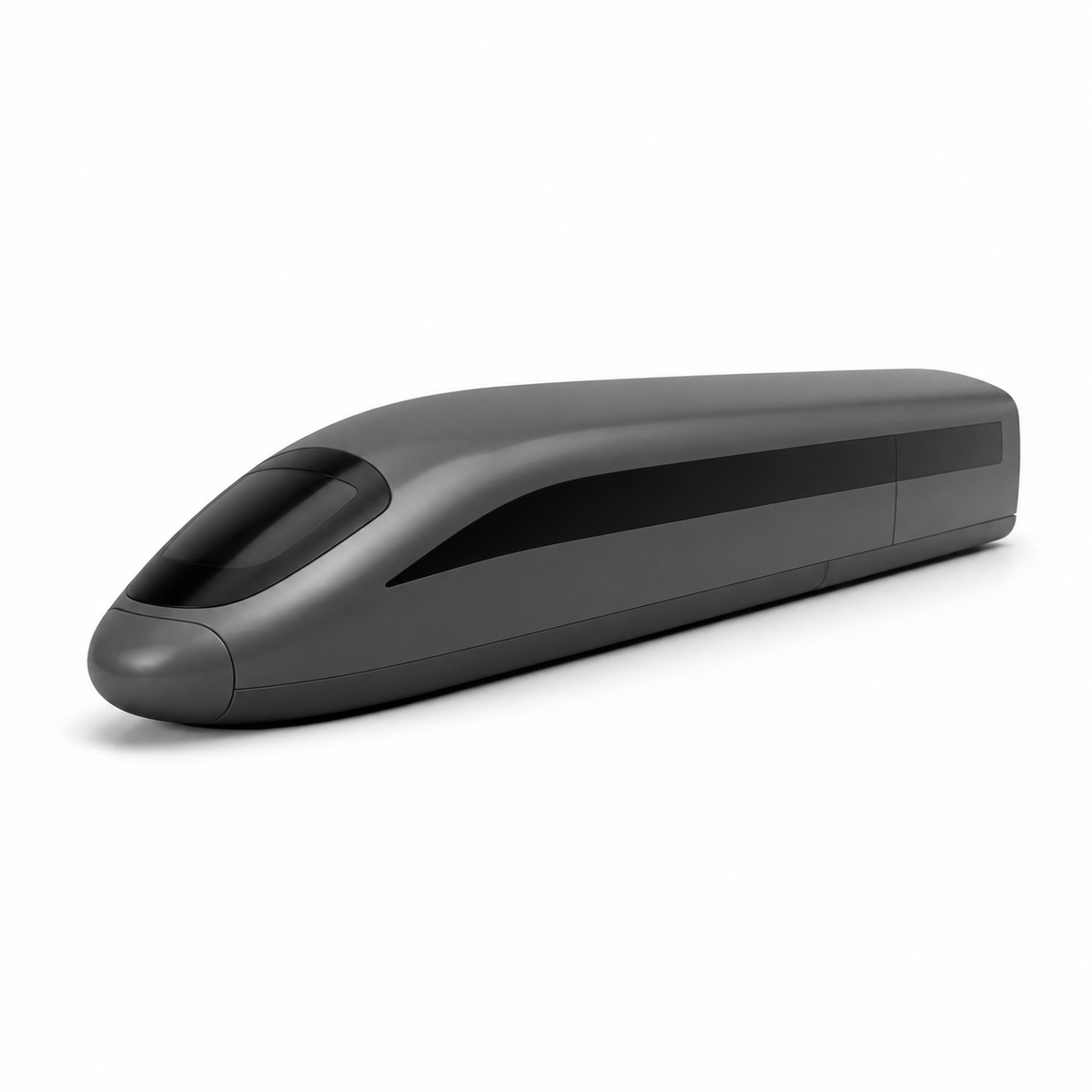 Long graphite grey rapid train model with rounded streamline nose and continuous black window ribbon on white background.