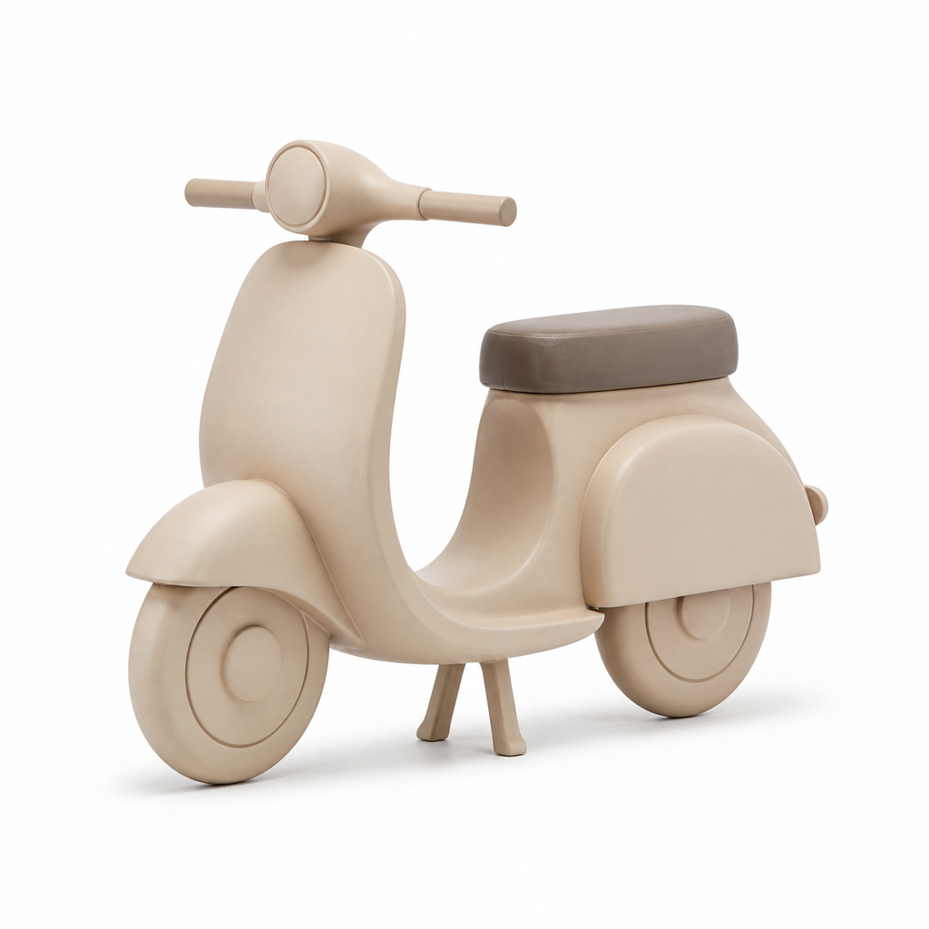 sand beige scooter model with curved front sign, straight handlebar, taupe-colored seat and two round wheels on white background.