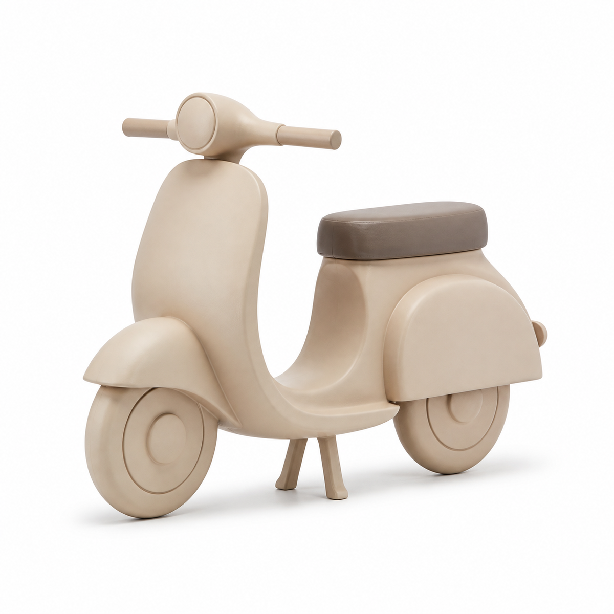 sand beige scooter model with curved front sign, straight handlebar, taupe-colored seat and two round wheels on white background.