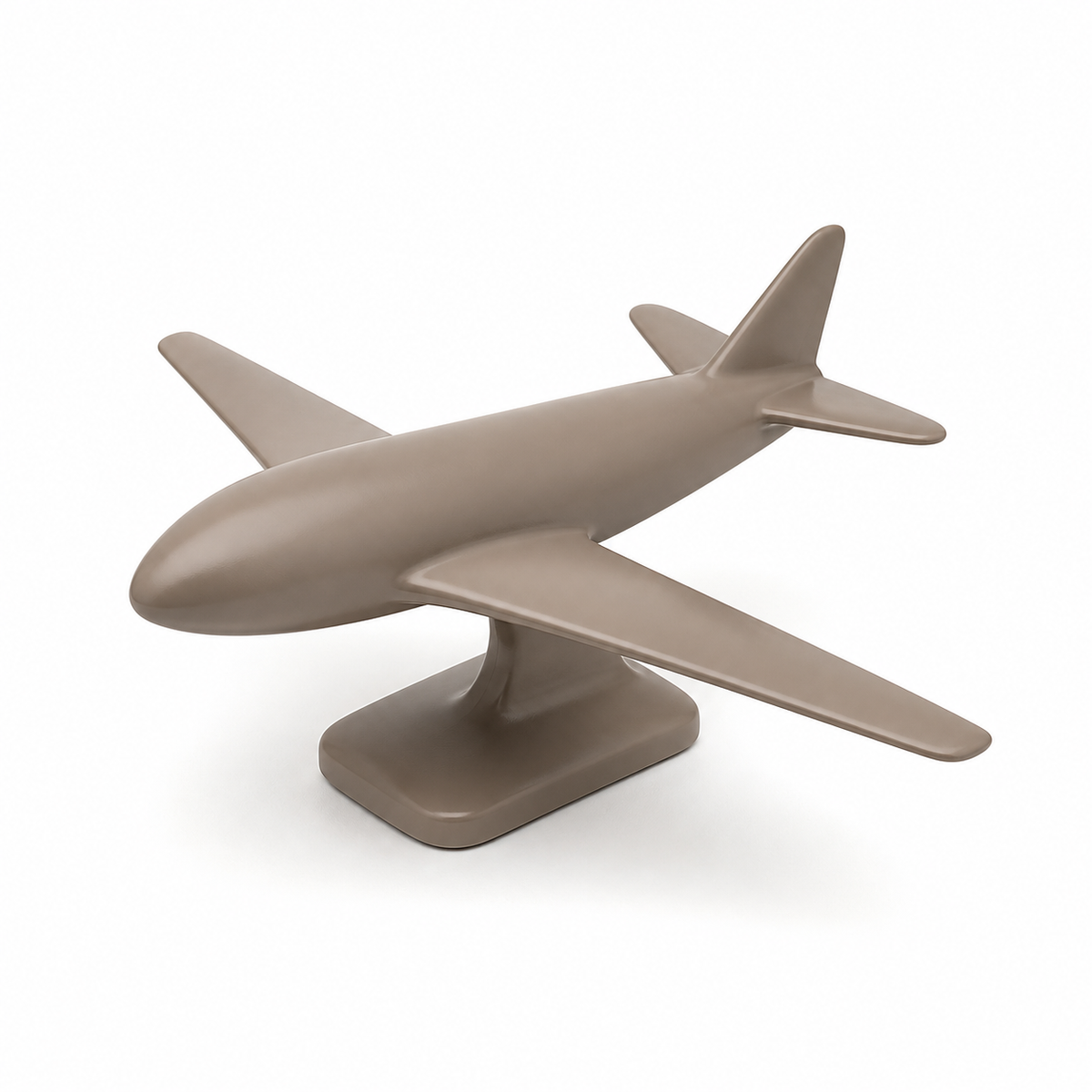Taupe-colored aircraft model with smooth fuselage, wide wings, high tailgate and small display plinth on white background.