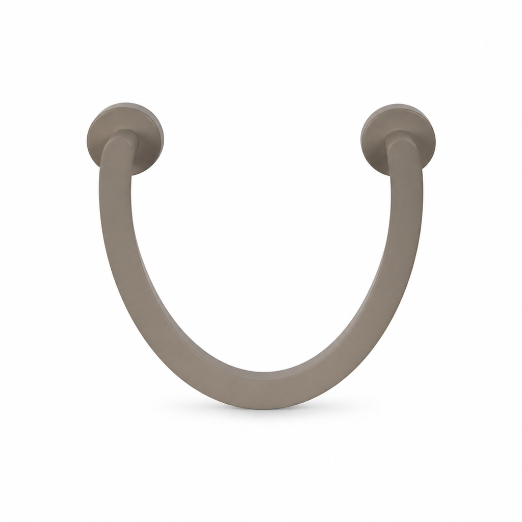 U-shaped minimalist curtain holder in taupe on white background
