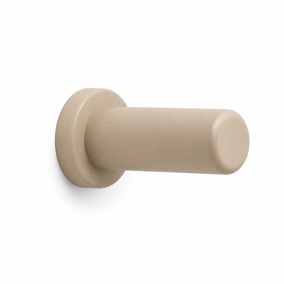 Zylindrischer minimalistischer Raffhalter in Sandbeige auf weißem Hintergrund