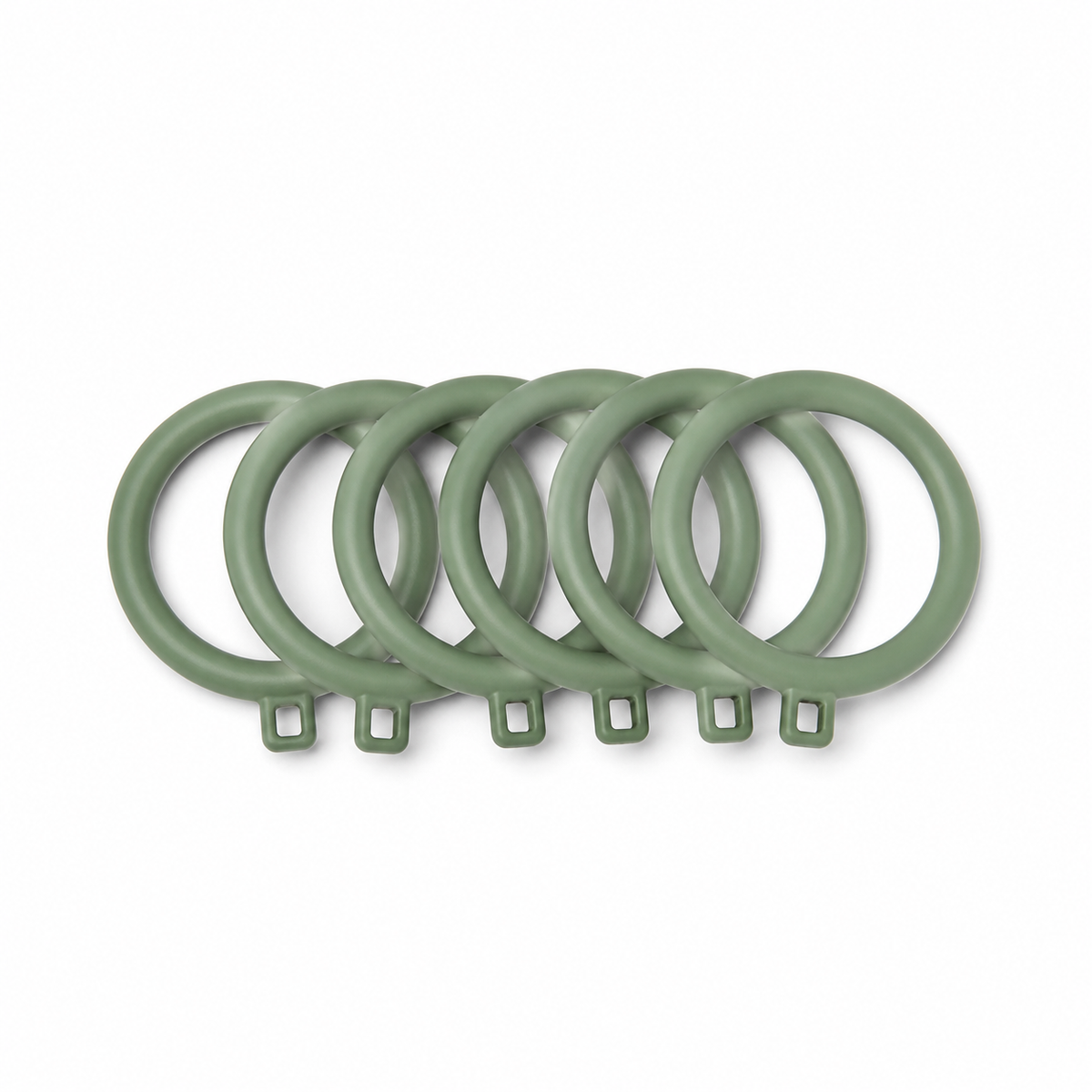 Six sage green curtain rings with rectangular eye on white background
