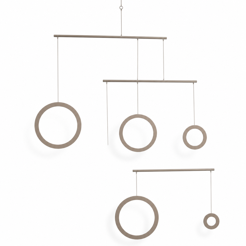 Taupe-colored Circle Mobile with Five Open Rings on white Background