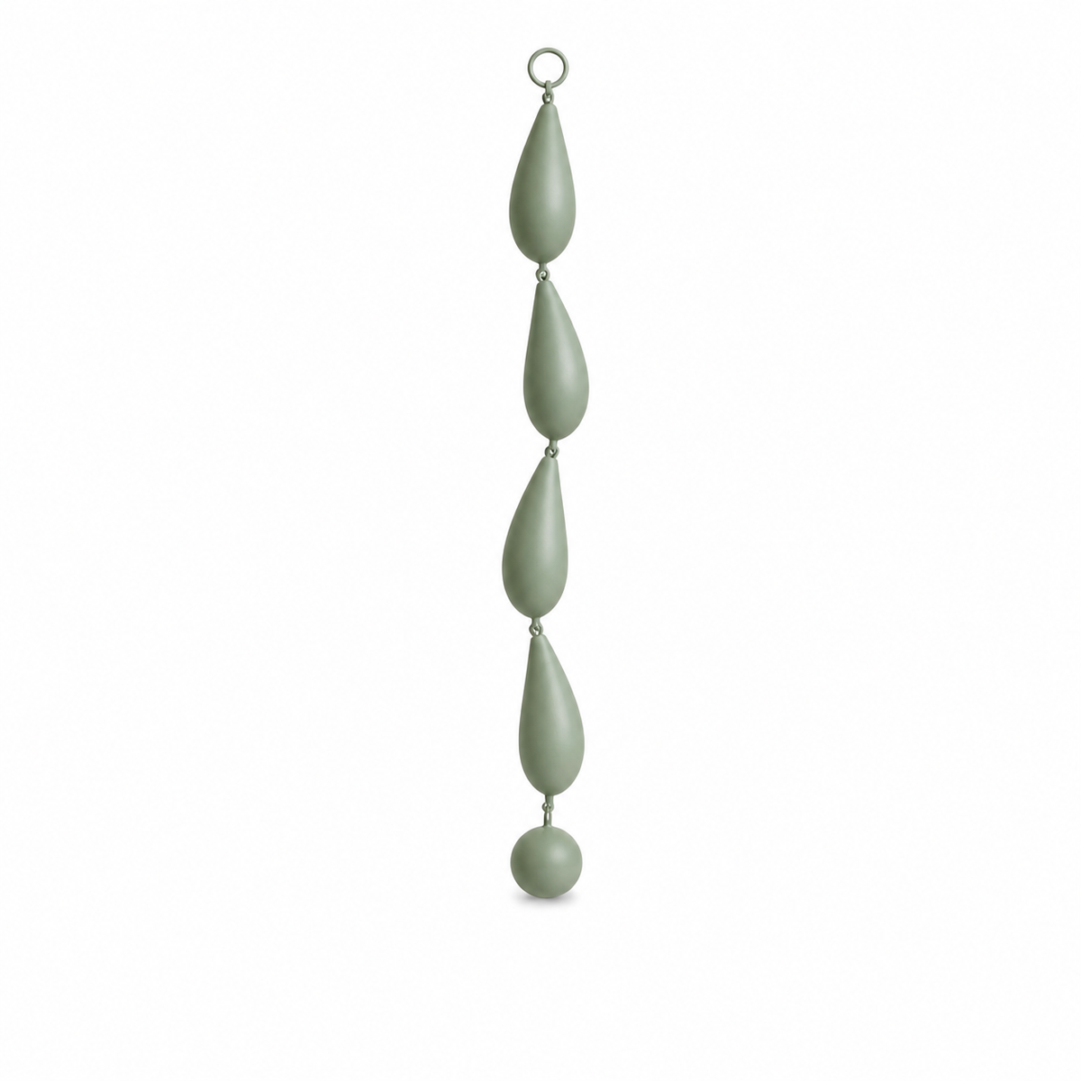 Sage green hanging decoration with four drops and ball closure on white background