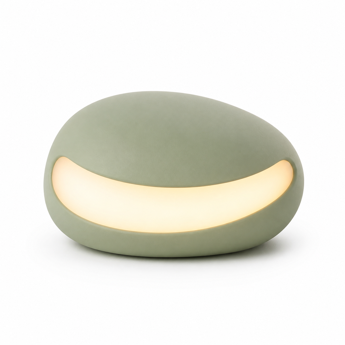 Sage green pebble LED light with warm white light field on white background
