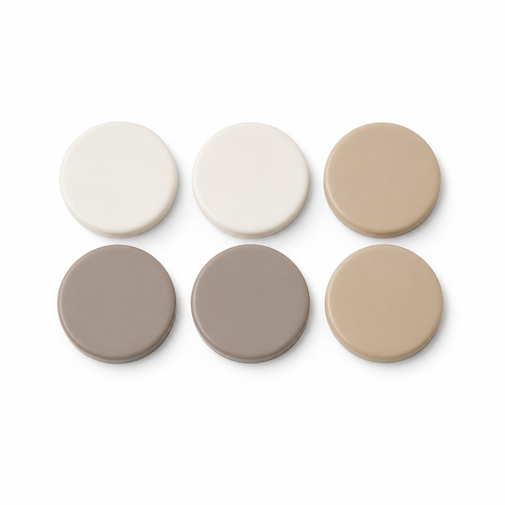 Sechs runde Magnete in Warmweiß, Sandbeige und Taupe auf weißem Hintergrund