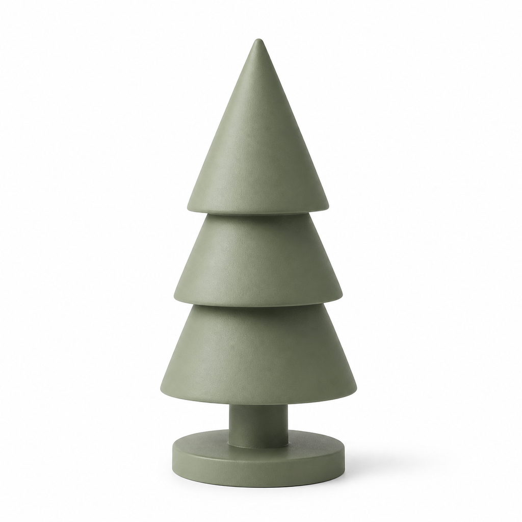 Sage-green winter tree set-up from three staggered cones