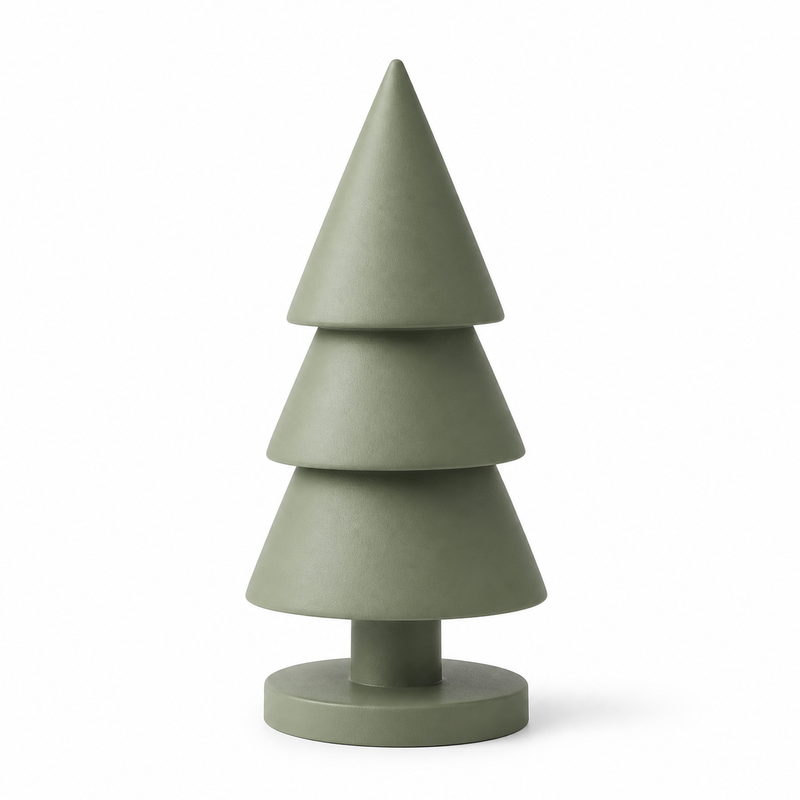 Sage-green winter tree set-up from three staggered cones