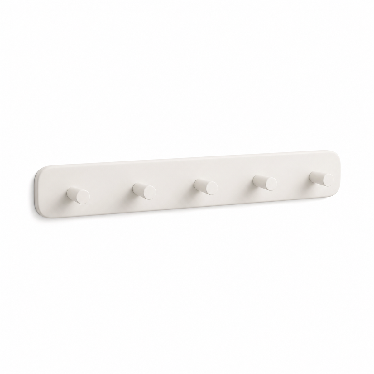Warm white minimalist key rack with five round hooks on white background