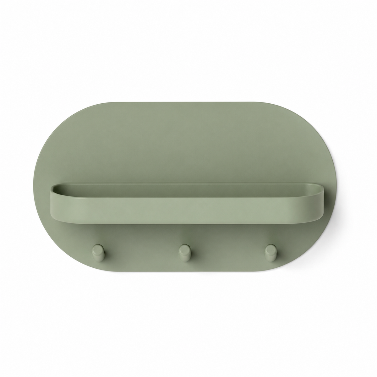 Sage green oval key tray with small shell and three round hooks