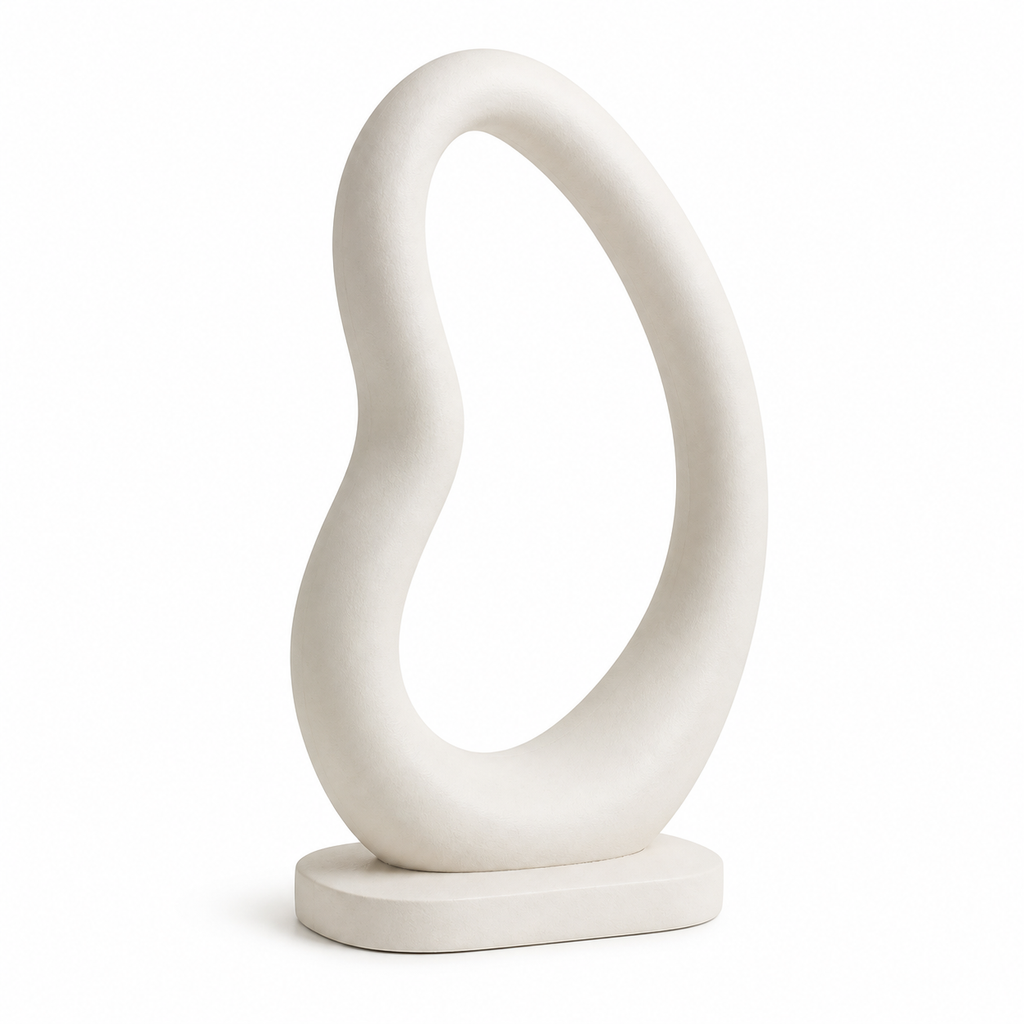 Warm white asymmetric loop sculpture with large open center on pedestal