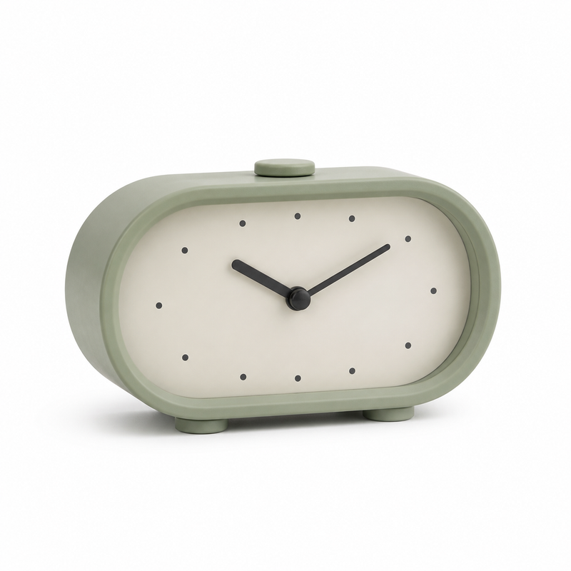 Sage green minimalist capsule alarm clock with a button and dot dial