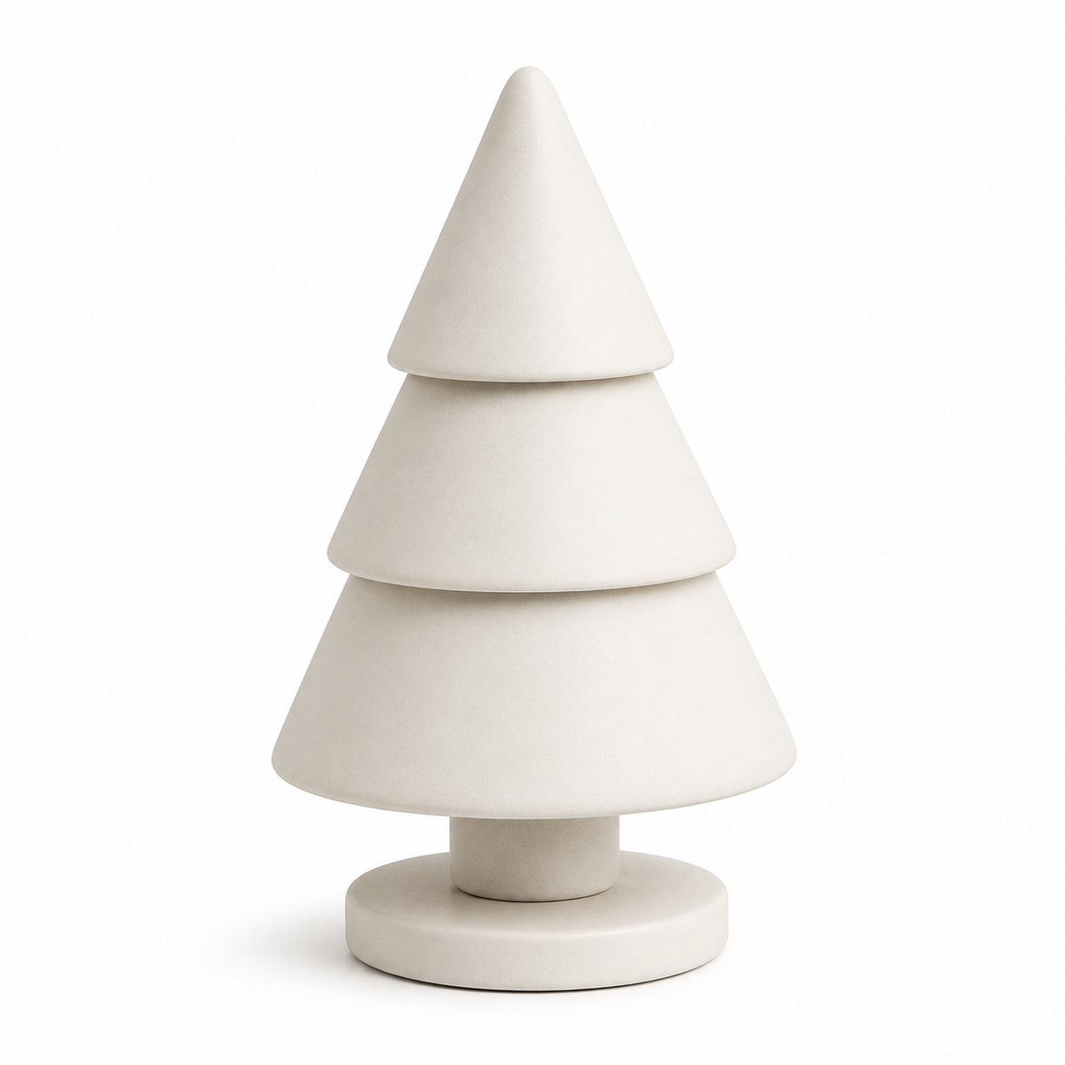Warmweißer minimalistischer Weihnachtsbaum aus drei Kegelstufen auf Rundsockel