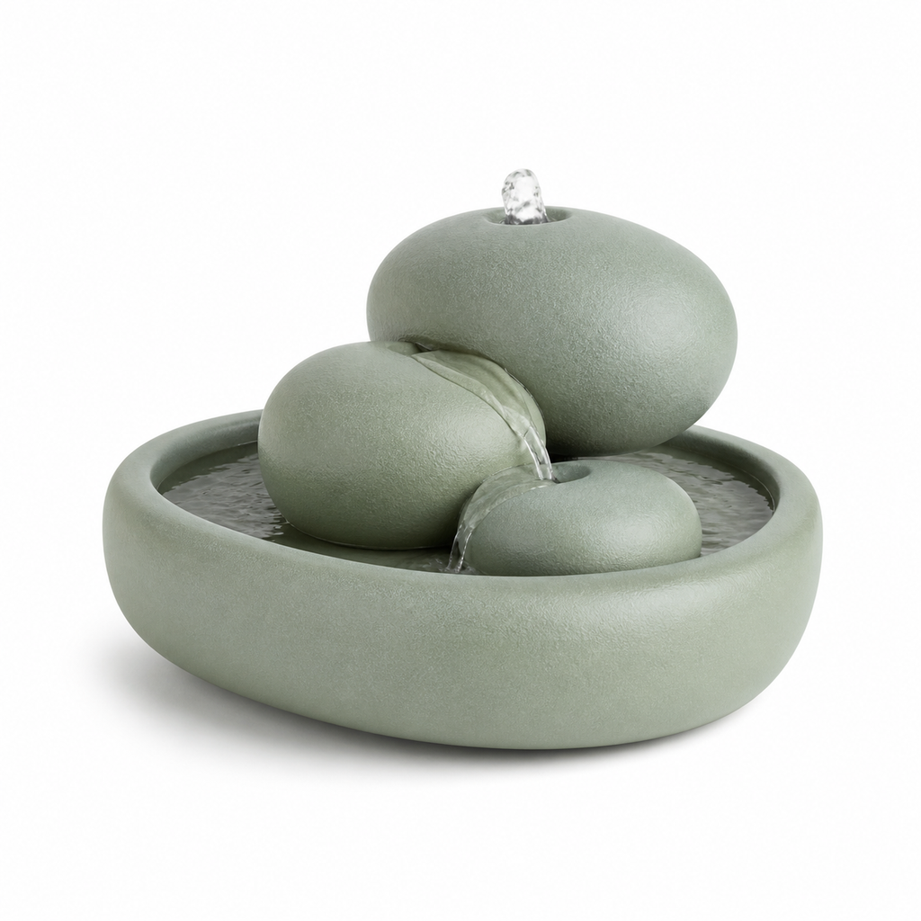 Sage green pebble indoor fountains with three oval stones in organic basin