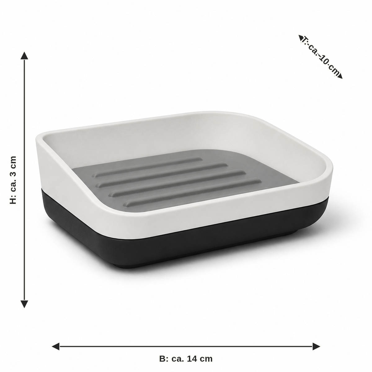 Dimensional image for minimalist soap dish with drain ribs: width about 14 cm, depth about 10 cm, height about 3 cm