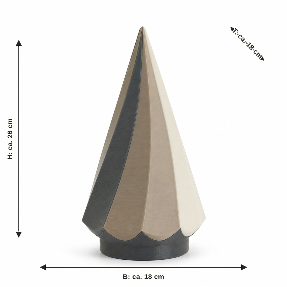 Maßbild für Minimalistischer Deko-Weihnachtsbaum mit Facetten: Breite ca. 18 cm, Tiefe ca. 18 cm, Höhe ca. 26 cm