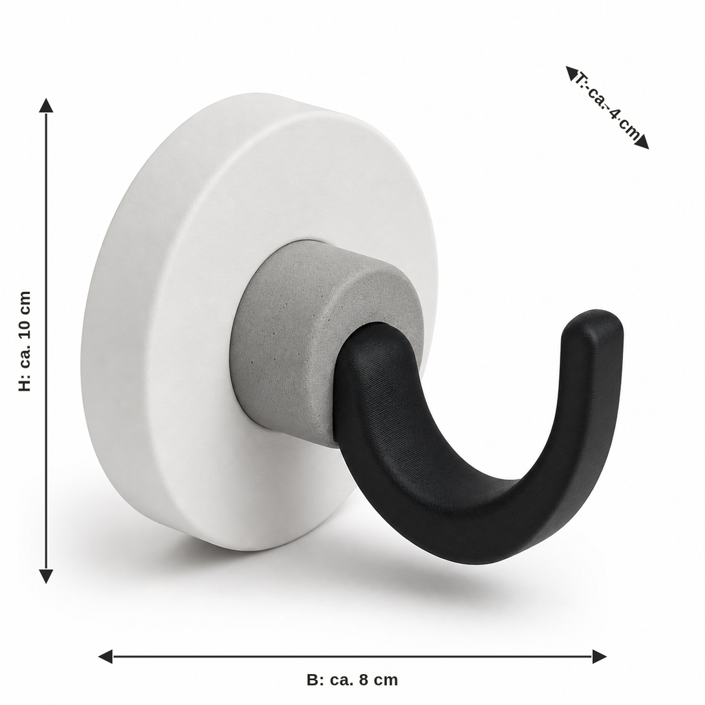 Dimensional image for Minimalist curtain hook in black and white: width approx. 8 cm, depth approx. 4 cm, height approx. 10 cm