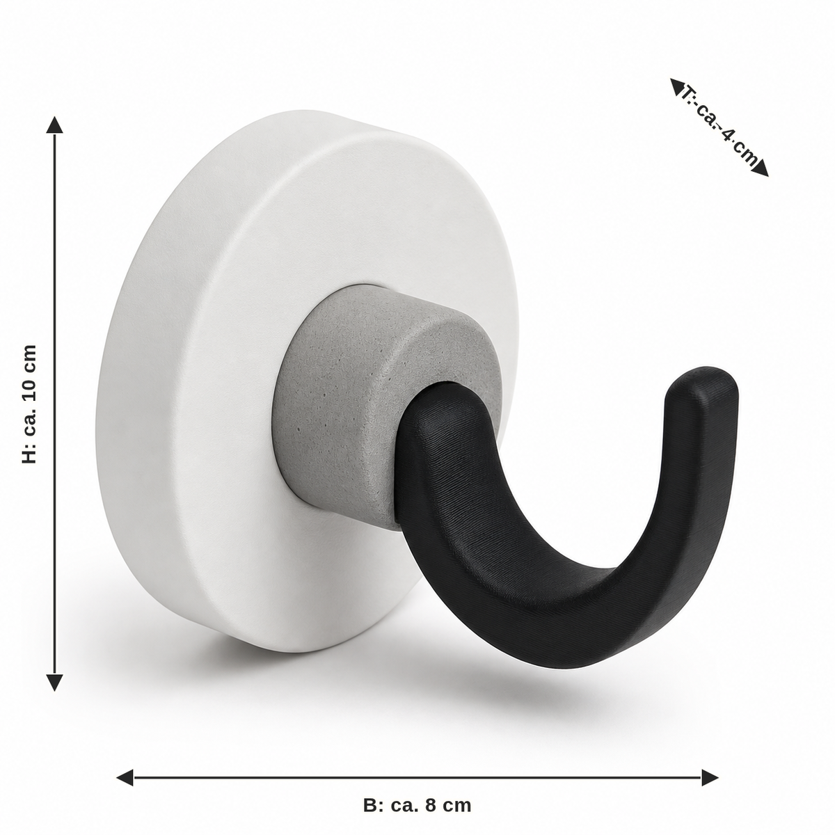 Dimensional image for Minimalist curtain hook in black and white: width approx. 8 cm, depth approx. 4 cm, height approx. 10 cm
