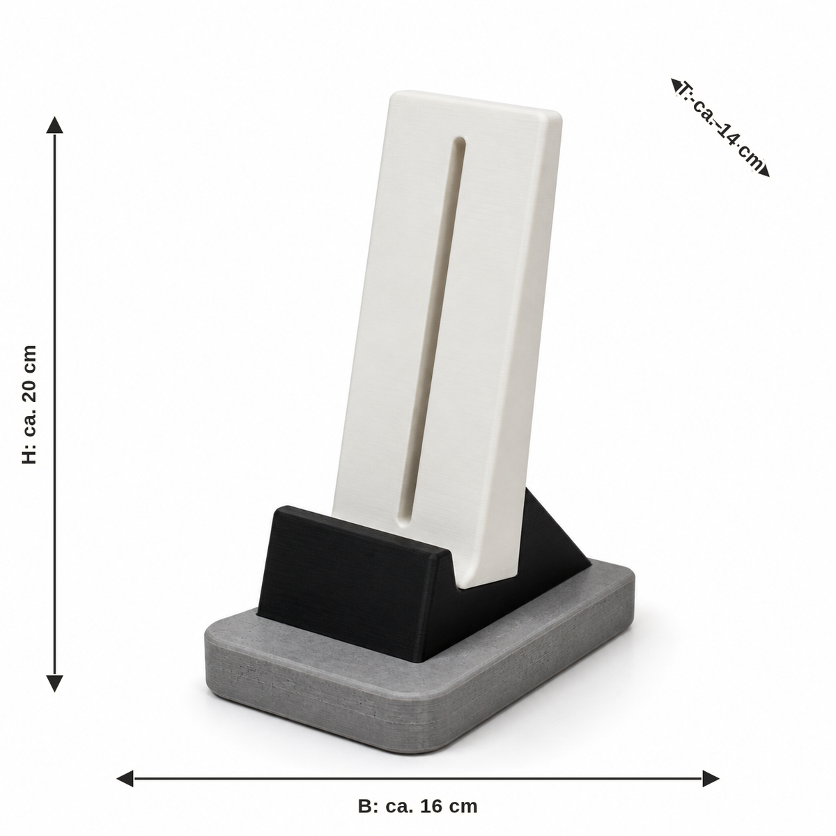 Maßbild für Minimalistischer Präsentationsständer mit Führungsnut: Breite ca. 16 cm, Tiefe ca. 14 cm, Höhe ca. 20 cm