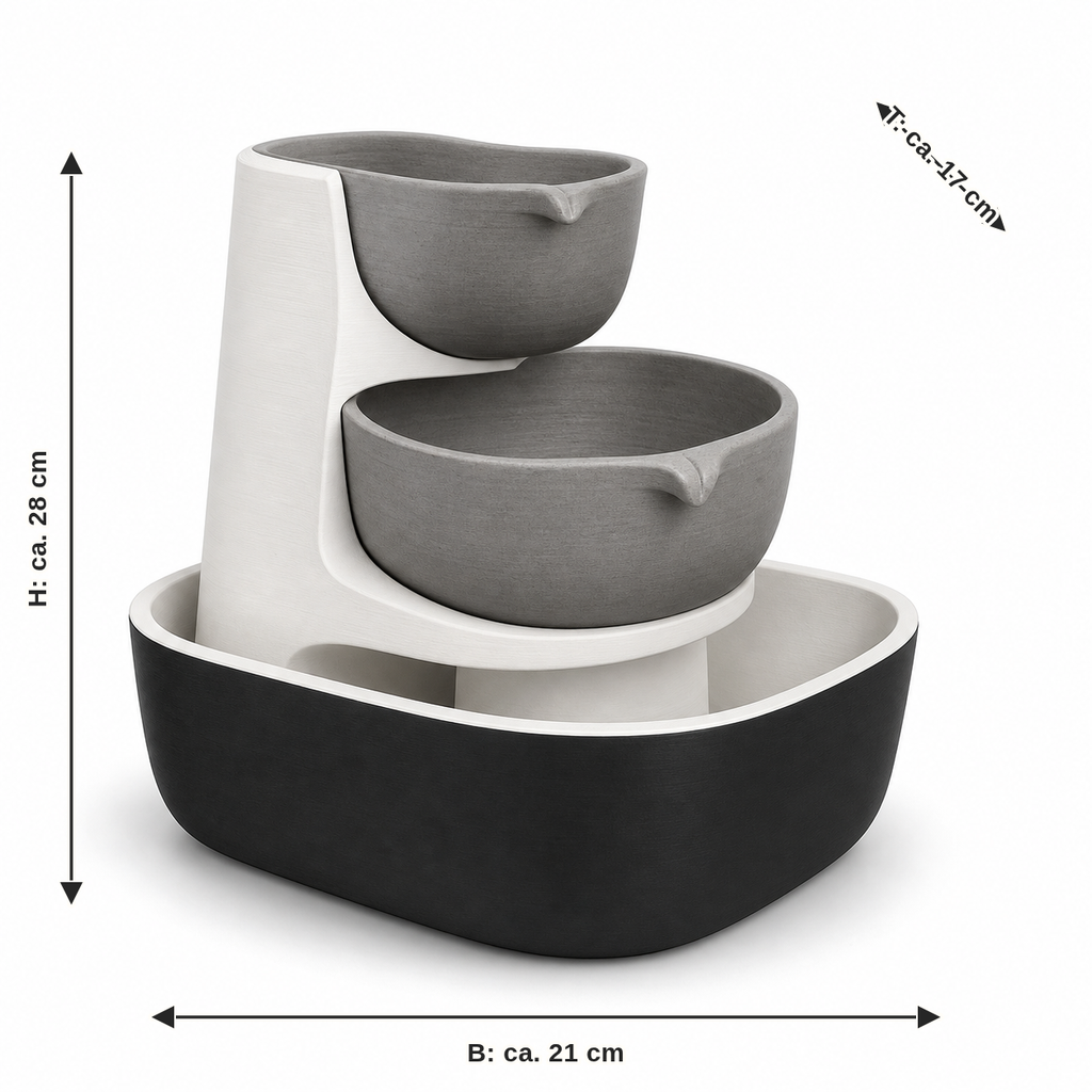 Maßbild für Minimalistischer Zimmerbrunnen mit zwei Schalen: Breite ca. 21 cm, Tiefe ca. 17 cm, Höhe ca. 28 cm
